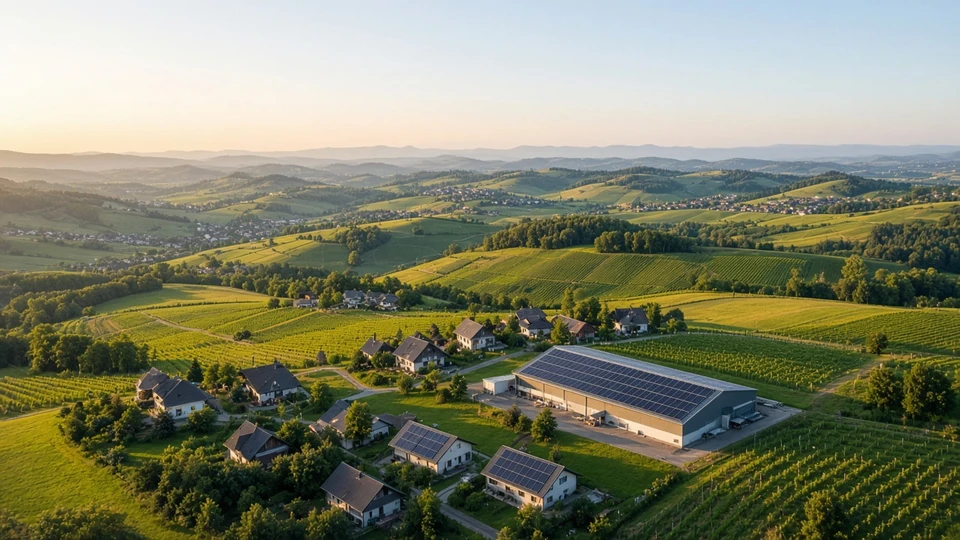 Luftaufnahme einer hügeligen Landschaft mit Weinbergen, Häusern mit PV-Dächern und einer Gewerbehalle mit Photovoltaikanlage