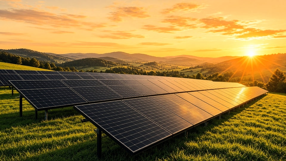 Schwarze Photovoltaik-Module glänzen im Licht der tief stehenden Sonne, dahinter grüne Hügel (Symbolbild)
