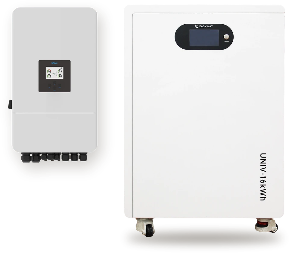Produktfotos: Deye Hybrid-Wechselrichter 10 kW und Easyway UNIV 16 kWh Batteriespeicher